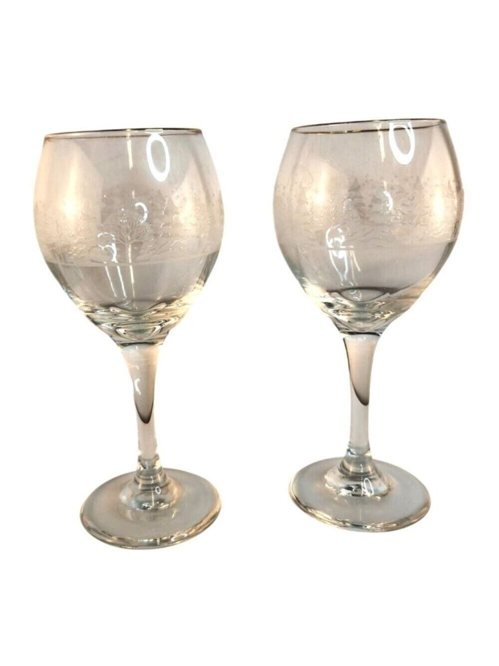 Libbey Arbys Winter Wonderland Frosted Set Scene Gold Rim Wine Glass Pair Vintag